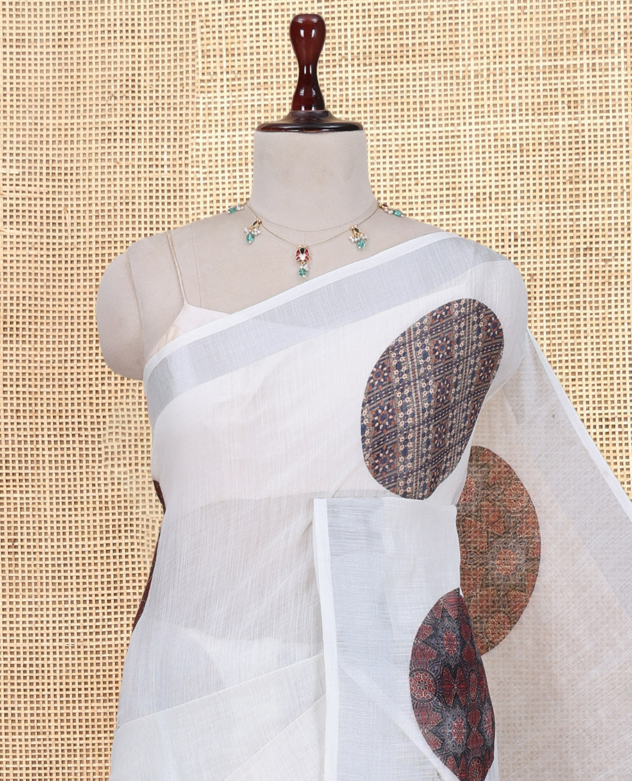Cream Linen Cotton Saree, Elevated with Polka Dots Print, a Subtle Zari Border, Geometric Printed Pallu, and a Contrast Blouse