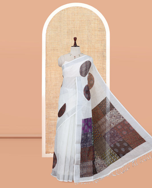 Cream Linen Cotton Saree, Elevated with Polka Dots Print, a Subtle Zari Border, Geometric Printed Pallu, and a Contrast Blouse