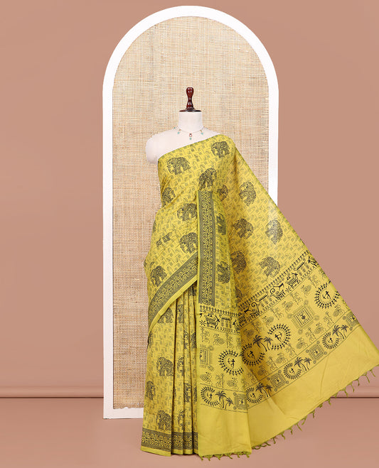 Yellow South Cotton Saree Features Leaf and Elephant Motifs Print, a Subtle Printed Border, and a Matching Blouse