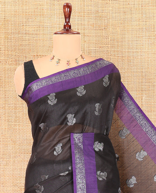 Black Semi-Raw Silk Saree, Sparsely Woven with Zari Buttas, Complemented by Contrast Zari Border, Striped Pallu, and a Contrast Blouse