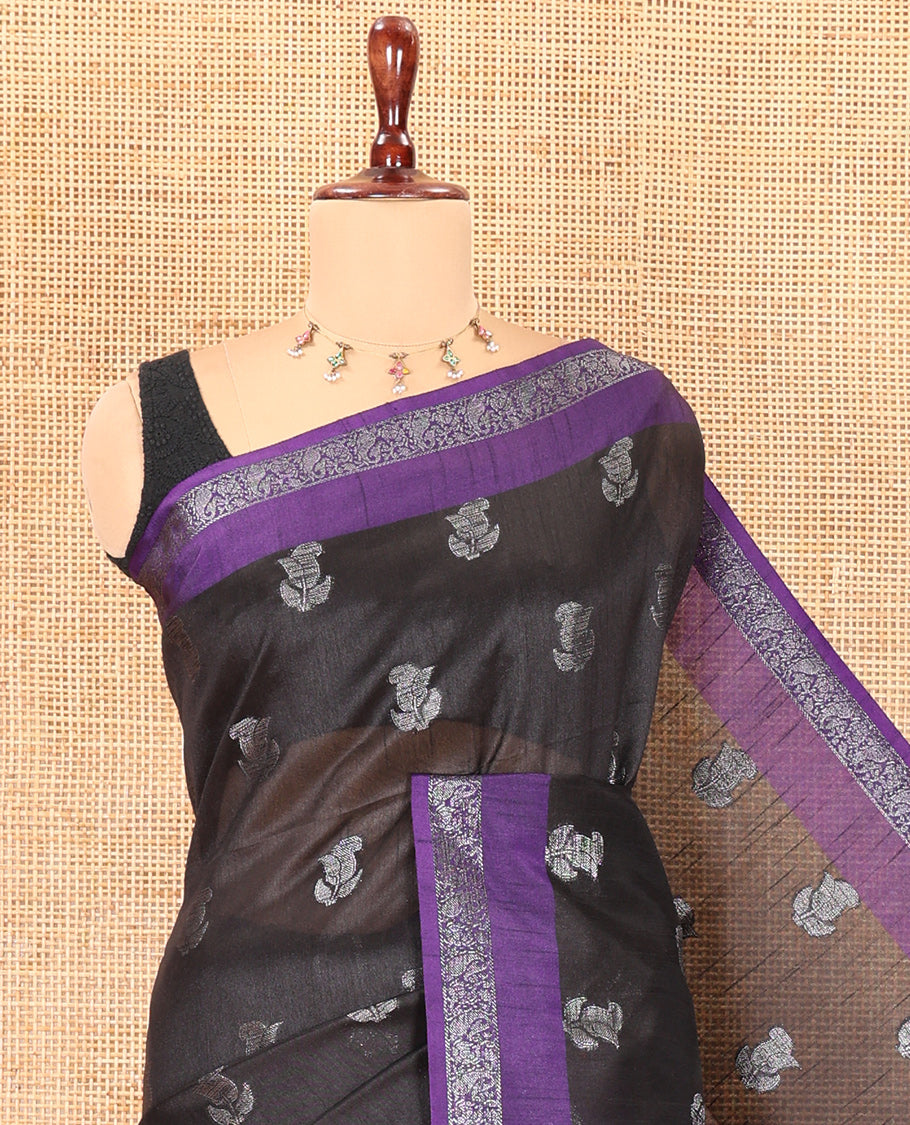 Black Semi-Raw Silk Saree, Sparsely Woven with Zari Buttas, Complemented by Contrast Zari Border, Striped Pallu, and a Contrast Blouse