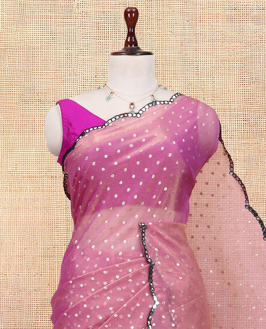 Onion Pink Shimmer Chiffon Saree, Steeped with Buttas, a Scallop Mirror Work Border, and a Matching Blouse
