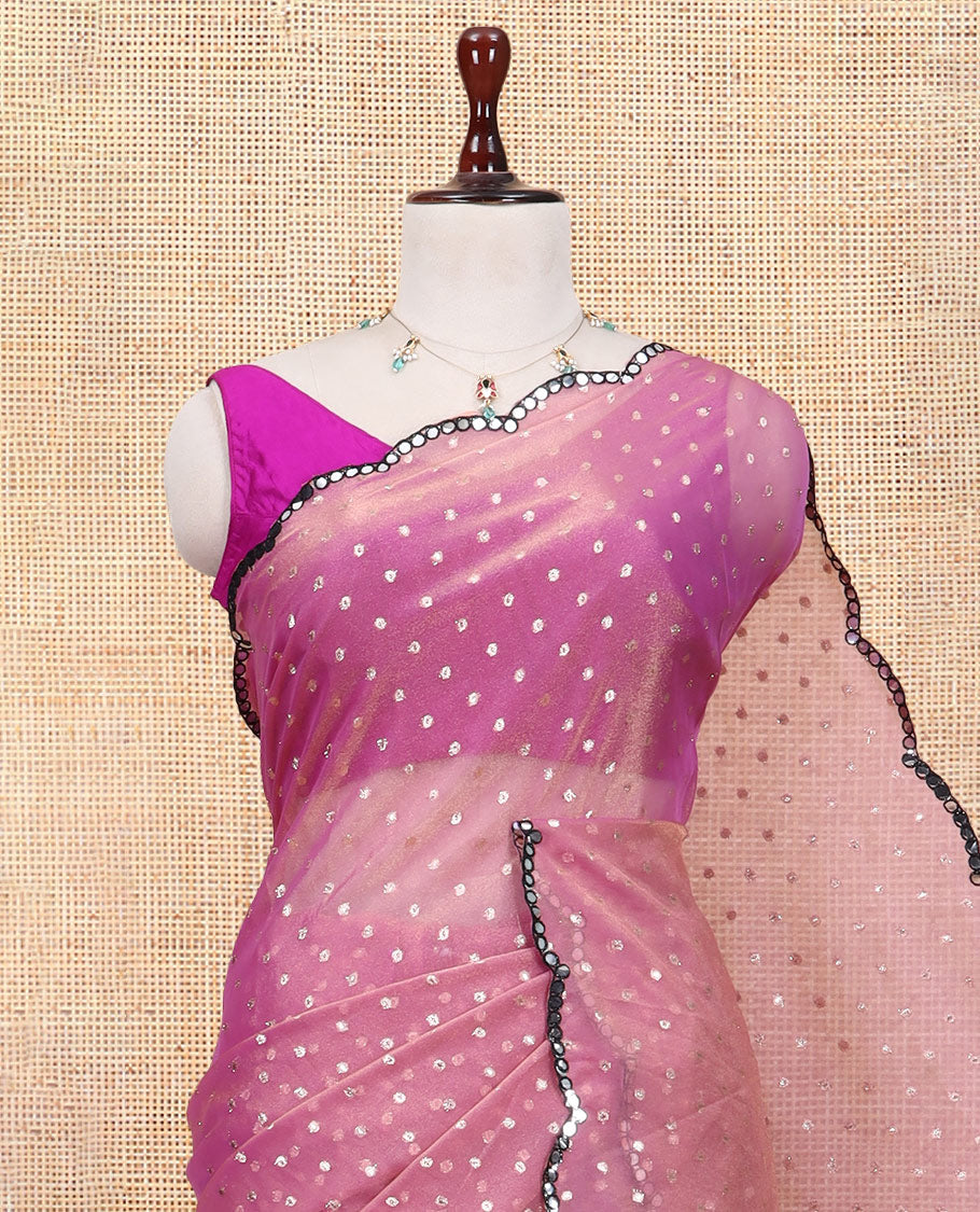 Onion Pink Shimmer Chiffon Saree, Steeped with Buttas, a Scallop Mirror Work Border, and a Matching Blouse