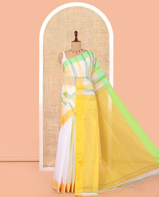 White-Yellow Khadi Linen Saree, Adorned with Ikkat Weave, a Contrast Plain Border, Plain Pallu, and a Contrast Blouse