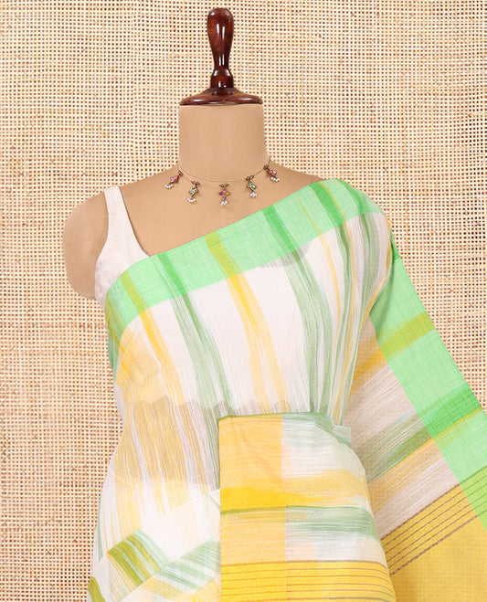 White-Yellow Khadi Linen Saree, Adorned with Ikkat Weave, a Contrast Plain Border, Plain Pallu, and a Contrast Blouse
