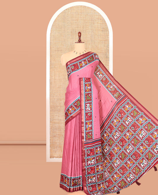 Onion Pink Manipuri Tussar Saree Features Mirror Work, Contrast Patola Elephant Printed Border, Patola Pallu, Matching Blouse