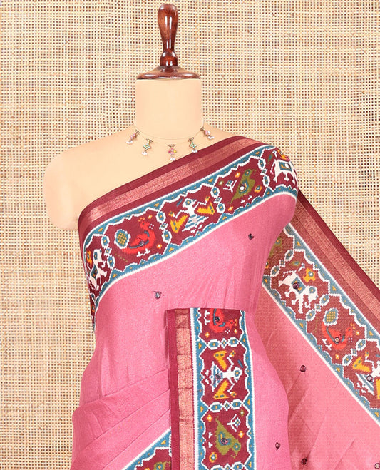 Onion Pink Manipuri Tussar Saree Features Mirror Work, Contrast Patola Elephant Printed Border, Patola Pallu, Matching Blouse