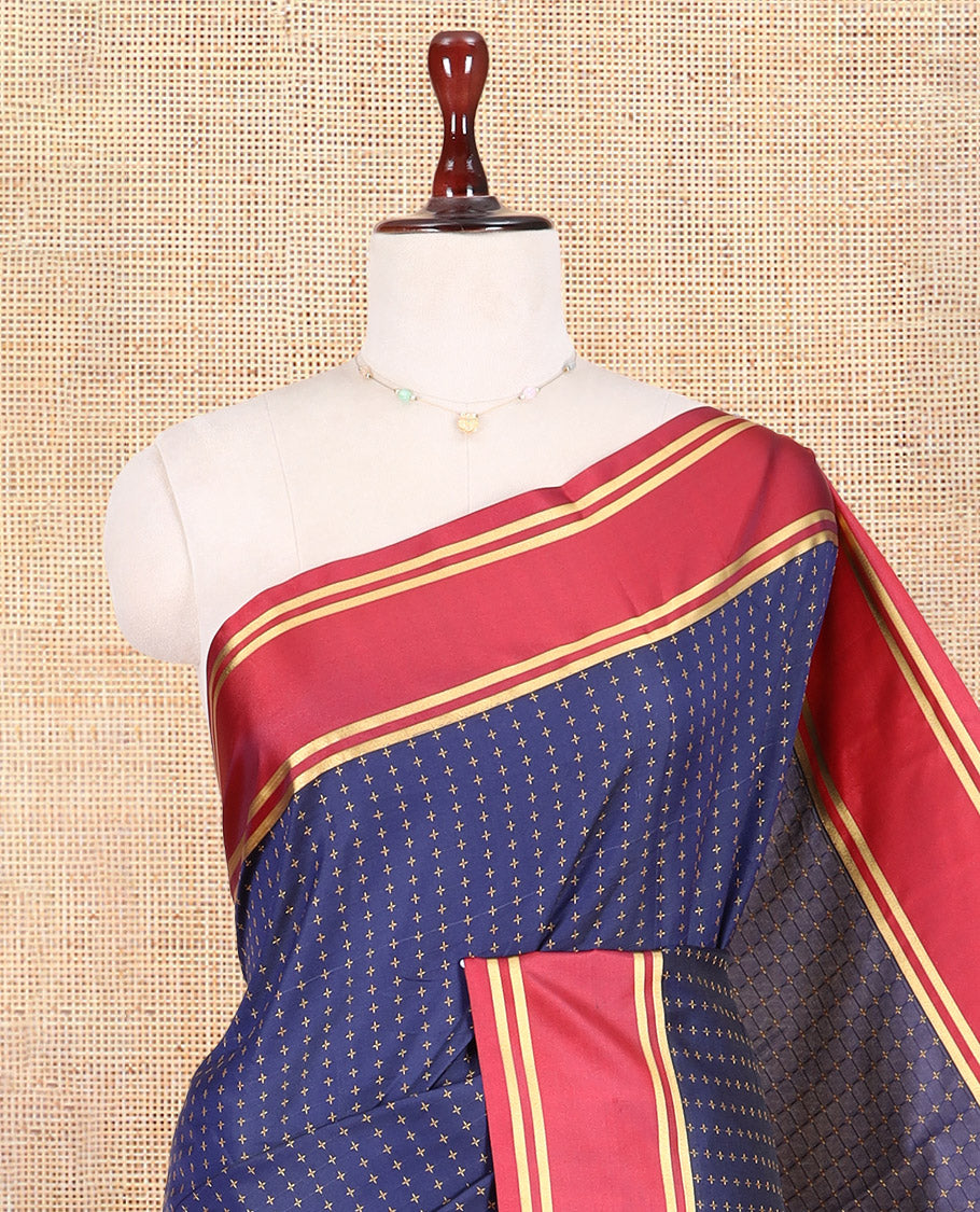 Navy Semi-Soft Silk Saree Steeped with Plus-Shaped Buttas, Contrast Border, and a Matching Blouse
