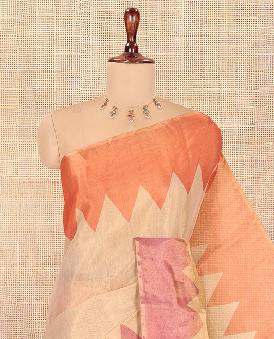 Gold-Violet-Rust Plain Tissue Saree, Complemented by Contrast Ganga-Jamuna Temple Border, a Matching Blouse
