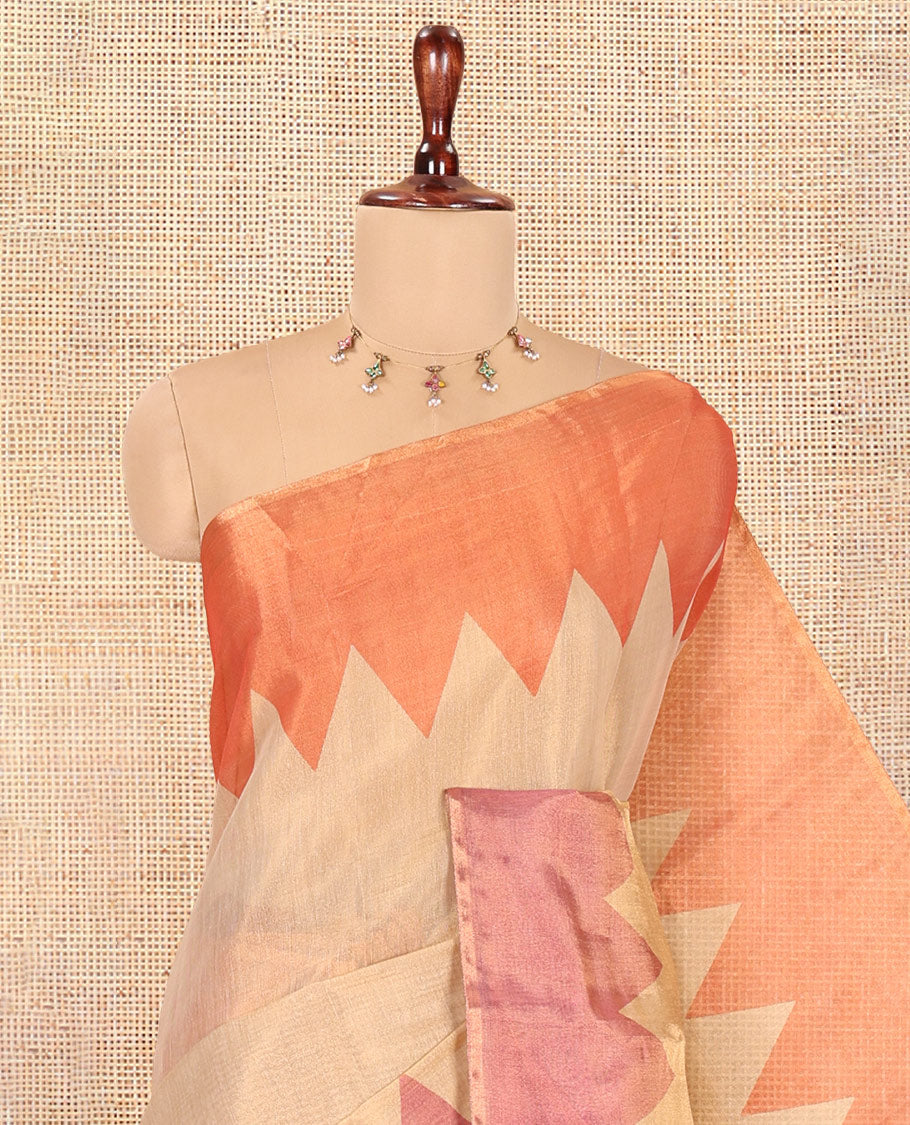 Gold-Violet-Rust Plain Tissue Saree, Complemented by Contrast Ganga-Jamuna Temple Border, a Matching Blouse