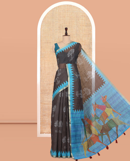 Brown Linen Cotton Saree Features Tree Motifs, Contrast Temple Border, Animal Motif Pallu, Contrast Blouse