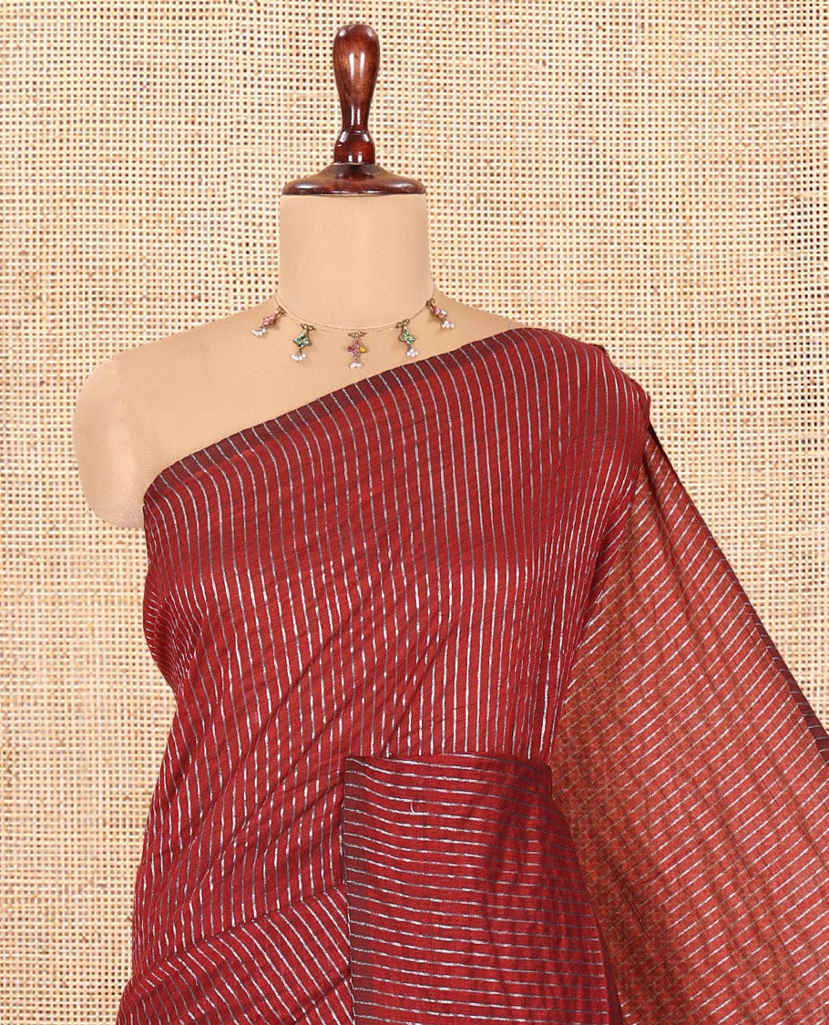 Borderless Red Zari Striped Khadi Cotton Saree, Contrast Pallu, and No Blouse