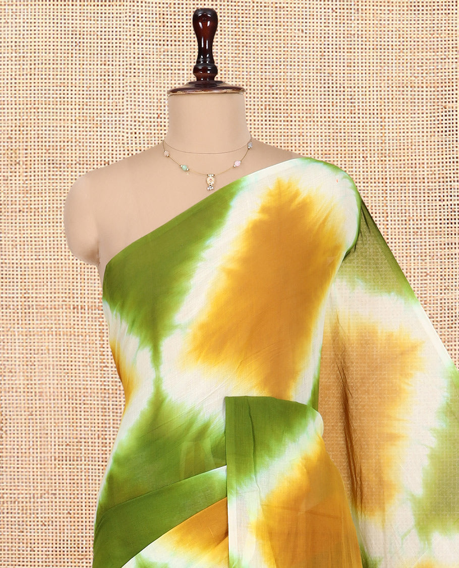 Borderless Mustrad-Green Diamond Shibori Printed Khadi Mul Cotton Saree, and No Blouse