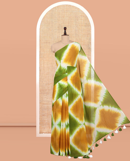 Borderless Mustrad-Green Diamond Shibori Printed Khadi Mul Cotton Saree, and No Blouse