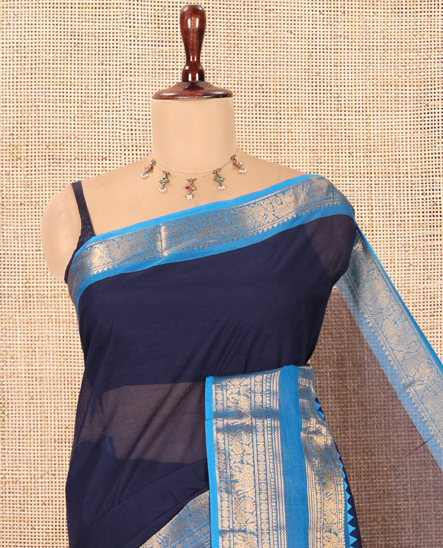 Navy Blue Chettinad Cotton Saree, Contrast Traditional Rettai Pettu Border, Striped Pallu, Matching Blouse