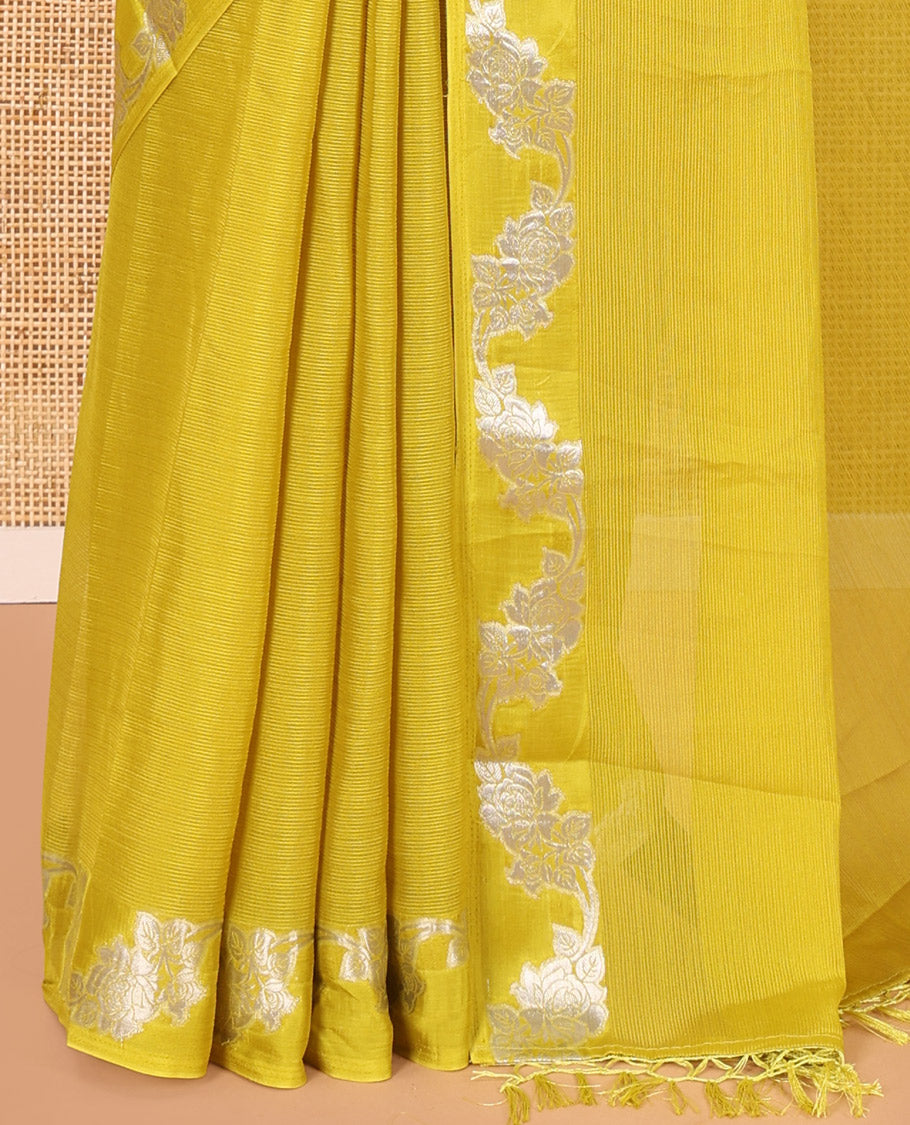 Yellow Wrinkle Chiffon Saree, Highlighted by Floral Creeper Border, and No Blouse