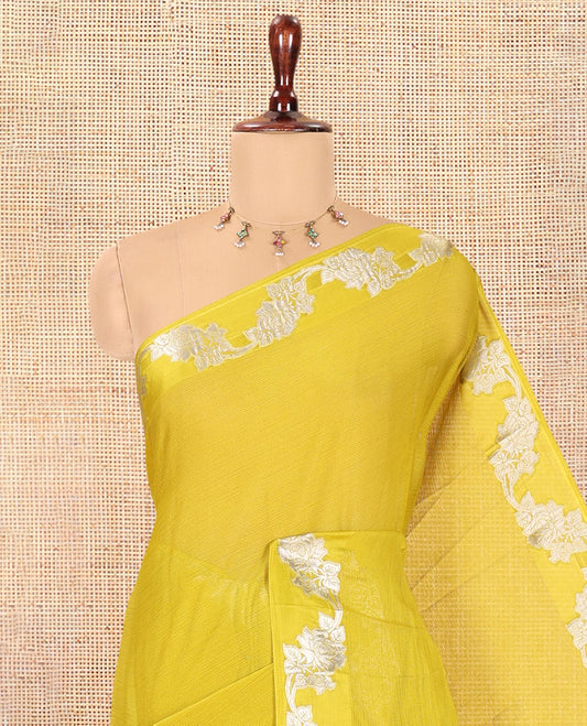 Yellow Wrinkle Chiffon Saree, Highlighted by Floral Creeper Border, and No Blouse
