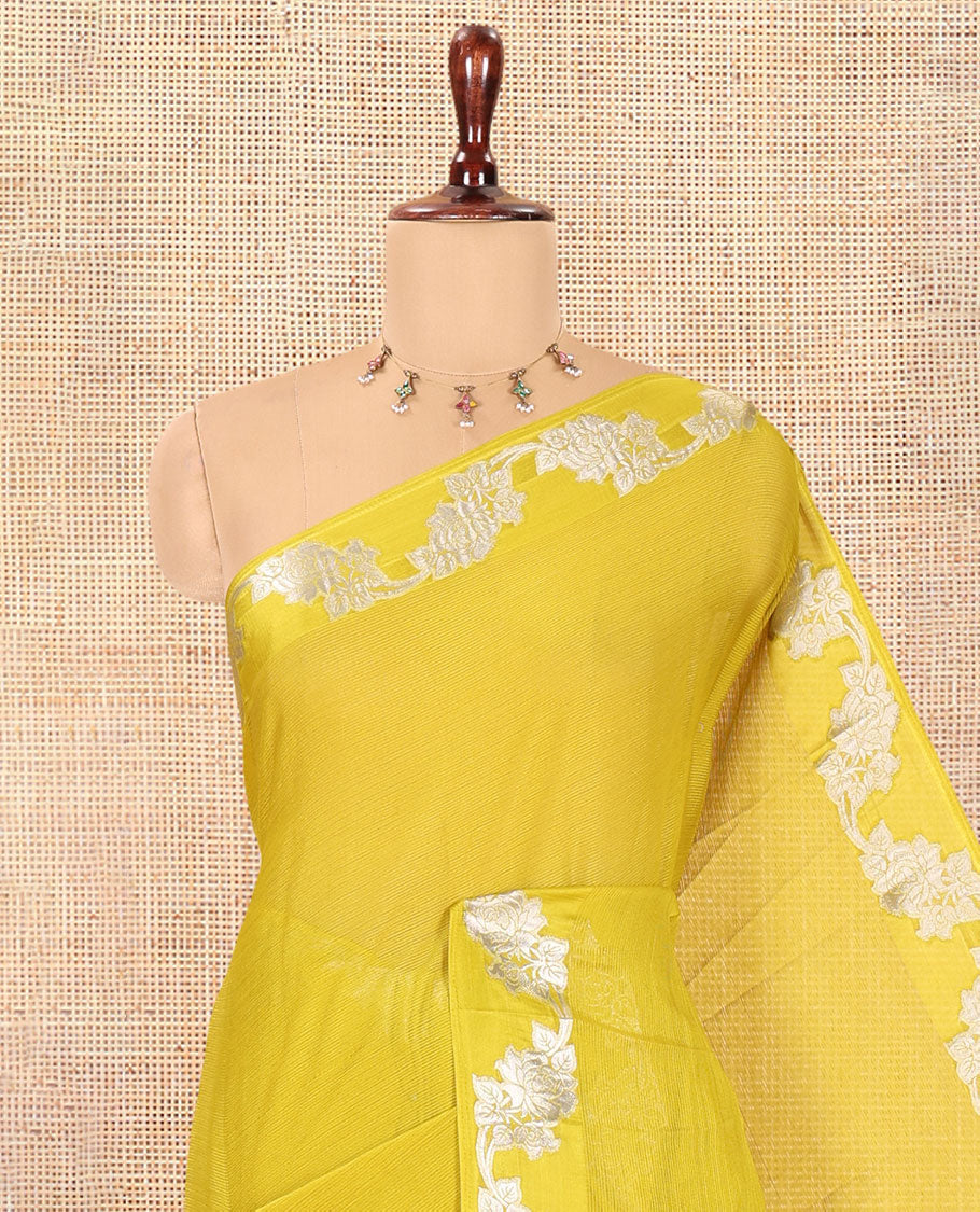 Yellow Wrinkle Chiffon Saree, Highlighted by Floral Creeper Border, and No Blouse