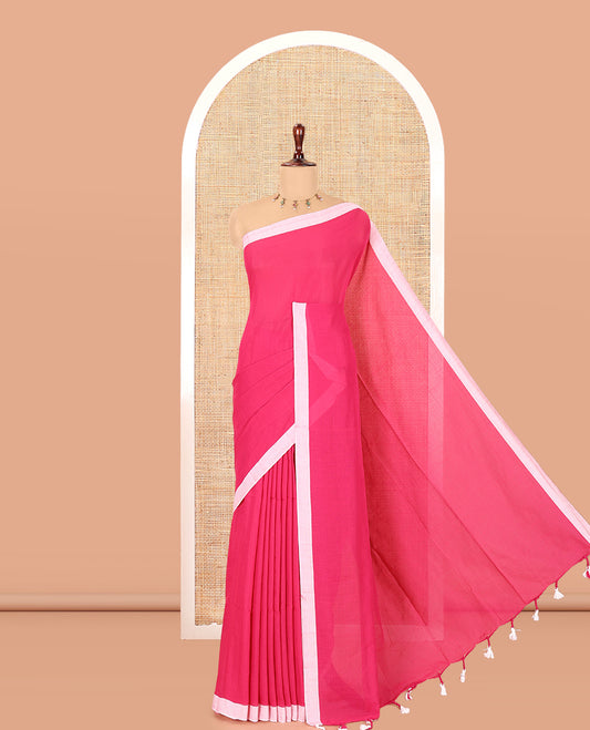 Rani Pink Plain Khadi Cotton Saree, a Contrast Border, a Self-Pallu, and No Blouse