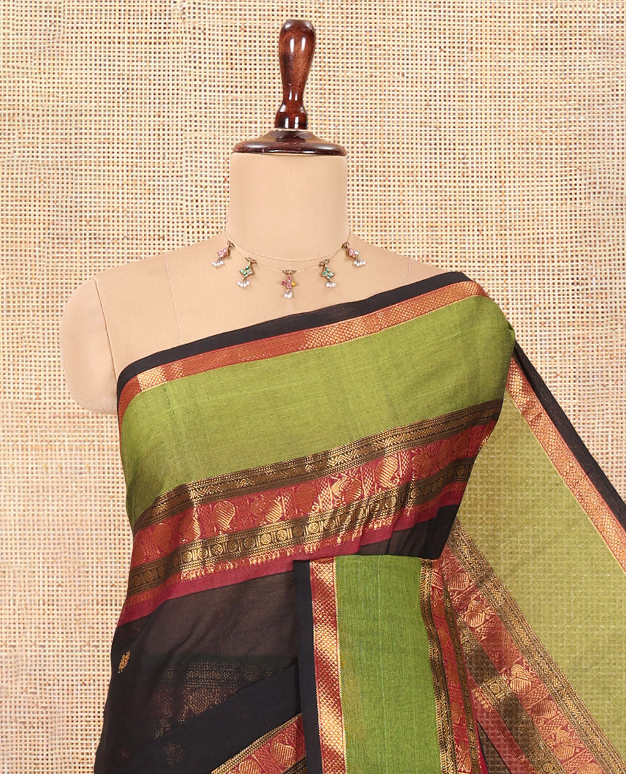 Black Chettinad Cotton Saree, Woven with Zari Buttas, a Contrast Traditional Rettai Pettu Border, Matching Blouse