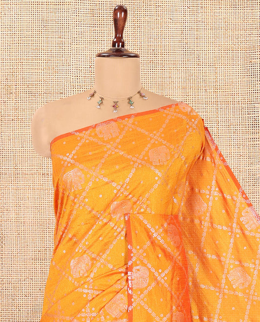 Borderless Yellow Vichitra Silk Saree Features Elephant Butta Enclosed Jaal Design, a Self-Pallu, and No Blouse