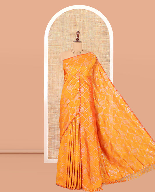 Borderless Yellow Vichitra Silk Saree Features Elephant Butta Enclosed Jaal Design, a Self-Pallu, and No Blouse