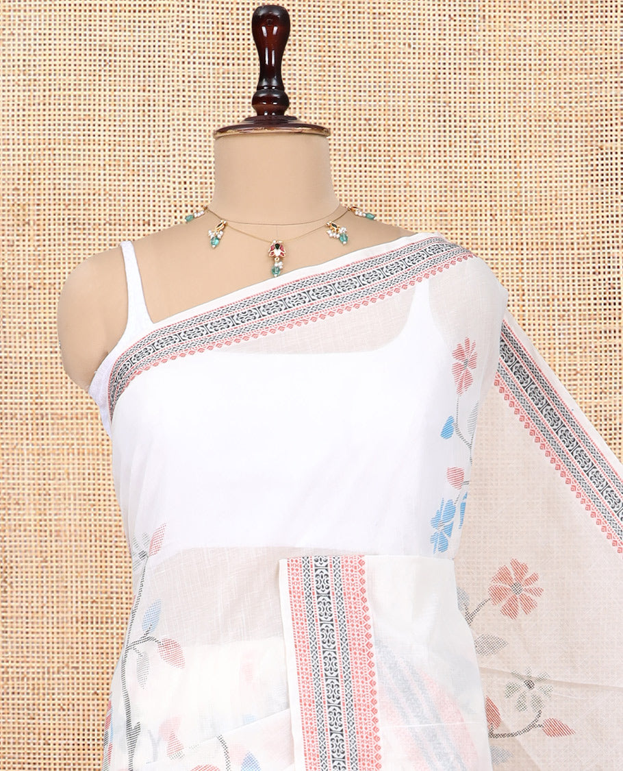 Off-White Handloom Cotton Saree Features Tree and Human Motifs, a Traditional Thread Border, Striped Pallu, a Contrast Blouse