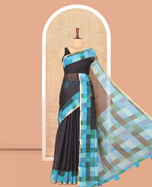 Black-Blue Plain Linen Cotton Saree, a Contrast Checked Border, Checked Pallu, and a Contrast Blouse