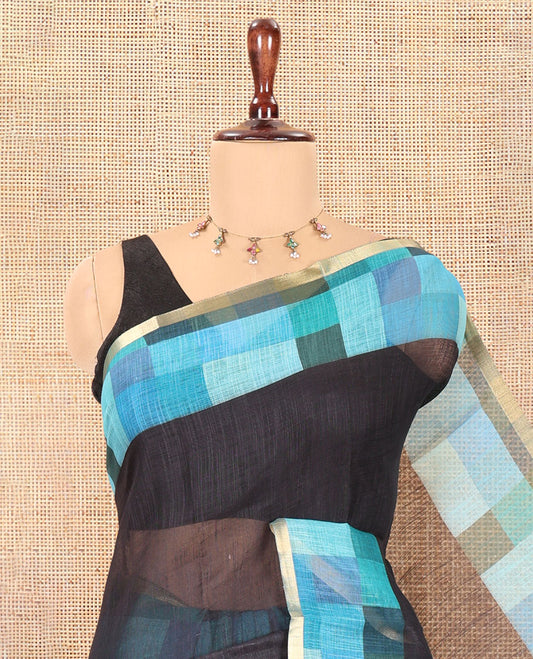 Black-Blue Plain Linen Cotton Saree, a Contrast Checked Border, Checked Pallu, and a Contrast Blouse