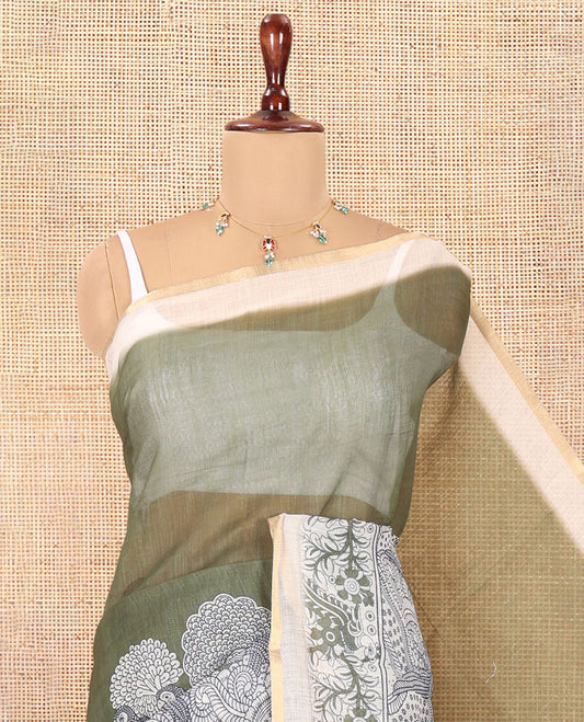 Green Linen Cotton Saree, Decorated with Kalamkari Floral-Bird Print, Contrast Border, Kalamkari Peacock Pallu, a Contrast Blouse