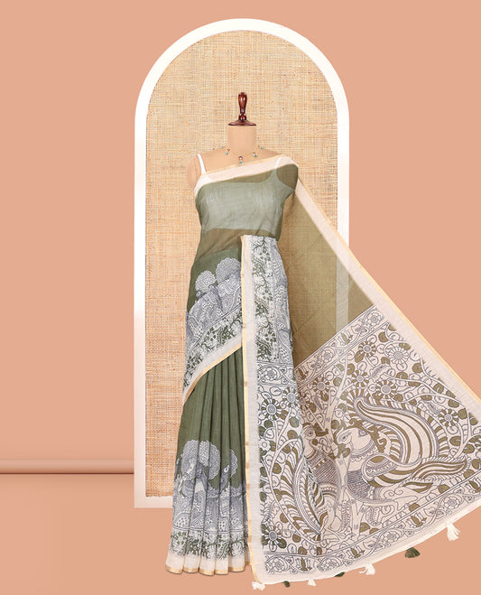 Green Linen Cotton Saree, Decorated with Kalamkari Floral-Bird Print, Contrast Border, Kalamkari Peacock Pallu, a Contrast Blouse