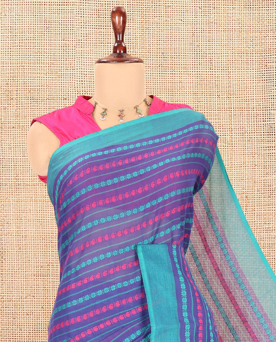 Royal Blue Chettinad Cotton Saree, Finely Crafted with Thread Buttas, a Contrast Border, Thread Pallu, and No Blouse