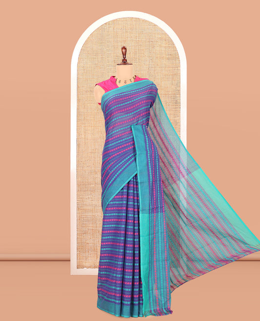 Royal Blue Chettinad Cotton Saree, Finely Crafted with Thread Buttas, a Contrast Border, Thread Pallu, and No Blouse