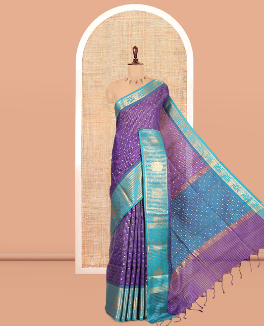 Royal Blue Semi-Katan Silk Saree, Enriched with Buttas and Zari Checks, a Contrast Traditional Zari Border, and a Contrast Blouse