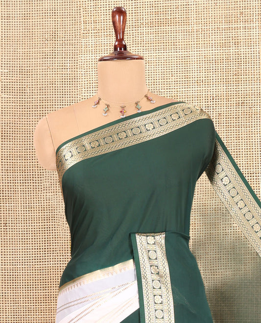 Green Zari Striped Art Mysore Crepe Saree, a Contrast Traditional Zari Big Border, a Grand Pallu, and a Contrast Blouse