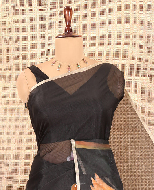 Black Kota Doria Saree, Artfully Adorned with Floral and Flamingo Hand-Brush Print, a Piping Border, a Matching Blouse