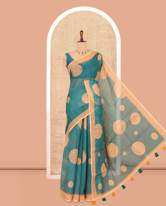Green Linen Cotton Saree, Subtly Sparkled with Polka Dot Buttas, a Contrast Border, a Contrast Blouse