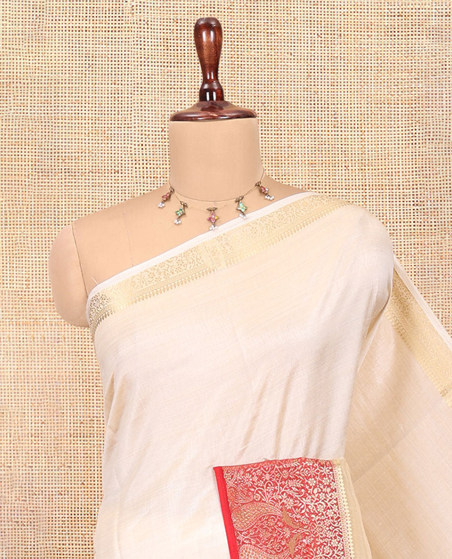 Cream-Red Plain Art Tussar Saree