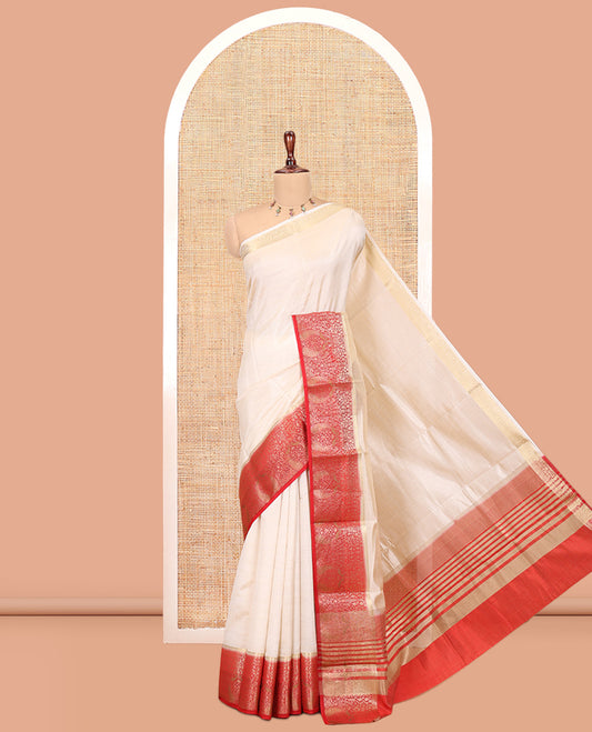 Cream-Red Plain Art Tussar Saree