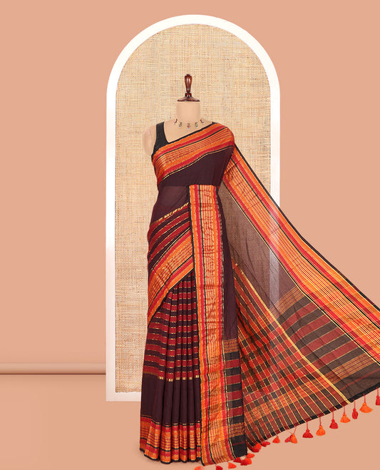 Wine Khadi Mul Cotton Saree