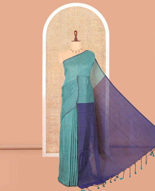 Borderless Rama-Navy Blue Plain Khadi Cotton Saree