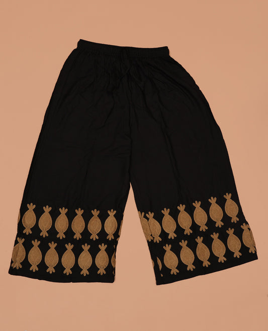 Black-base chikku-color toffee motifs woolen thread embroidered rayon palazzo pants