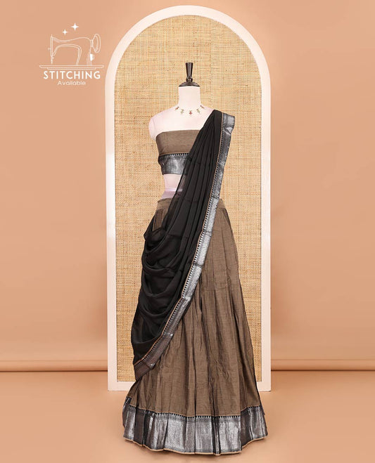 Grey-black Mercerised cotton half-saree, plain & contrast temple geometric border skirt, matching blouse & contrast zari border Vichitra silk dhavani