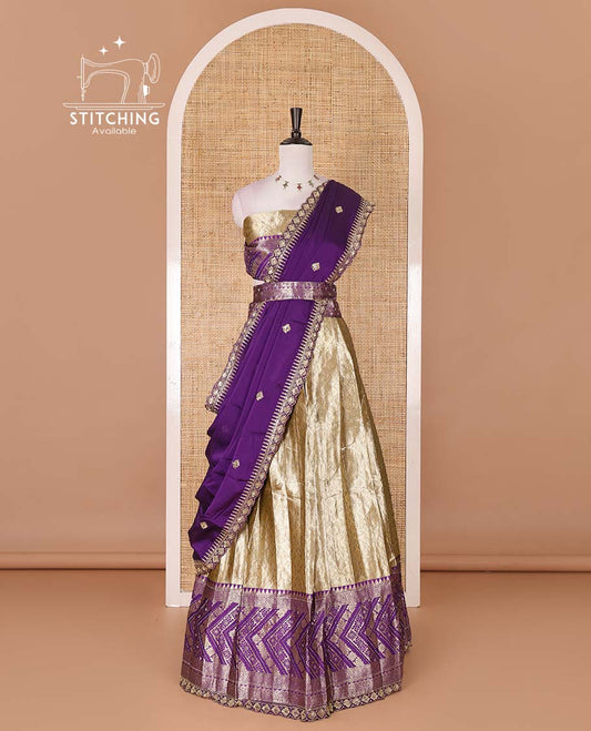 Gold banaras half saree, ogee skirt, contrast violet traditional zari border, matching blouse, and Syska georgette embroidered dhavani