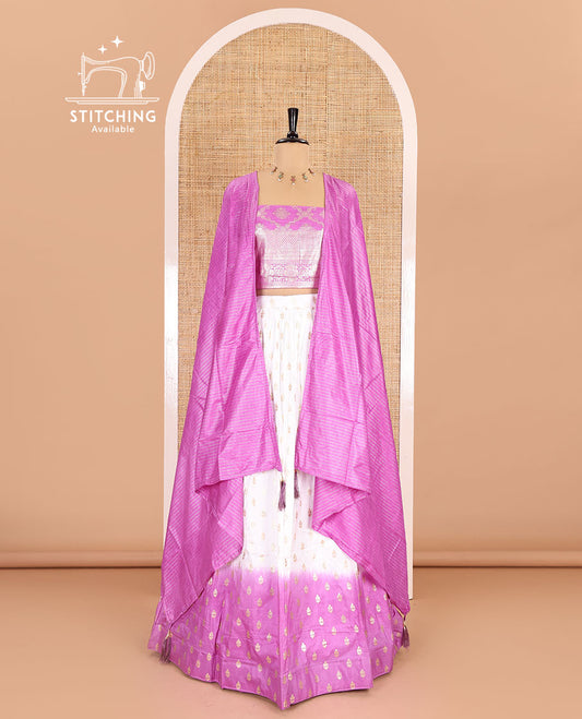 White-lavender half-saree, zari buttas with contrast bordered nylon viscose crepe skirt, a jaal jacquard design Vichitra silk blouse, and a contrast striped Vichitra silk dhavani