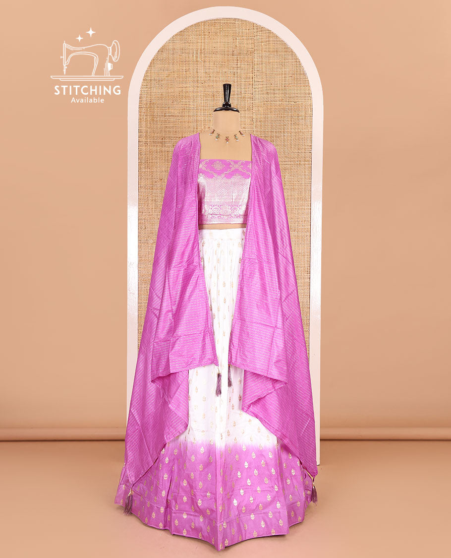 White-lavender half-saree, zari buttas with contrast bordered nylon viscose crepe skirt, a jaal jacquard design Vichitra silk blouse, and a contrast striped Vichitra silk dhavani