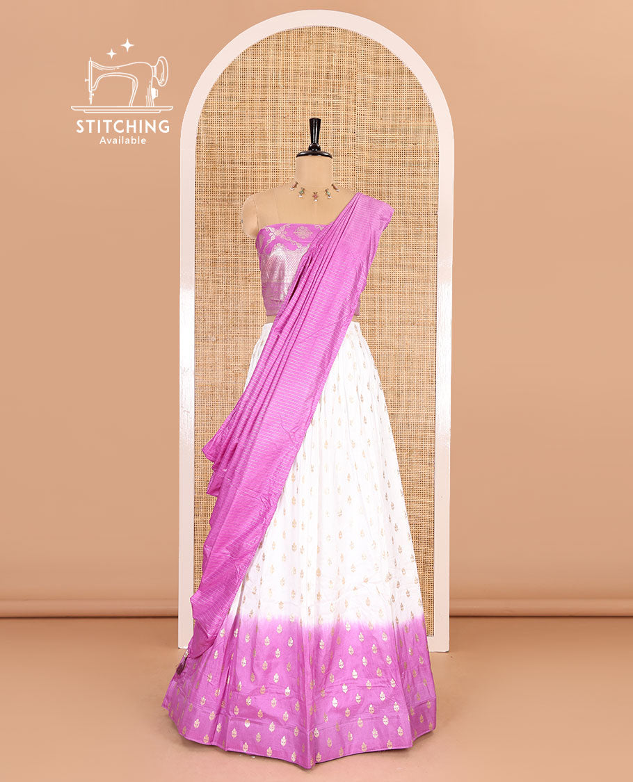 White-lavender half-saree, zari buttas with contrast bordered nylon viscose crepe skirt, a jaal jacquard design Vichitra silk blouse, and a contrast striped Vichitra silk dhavani