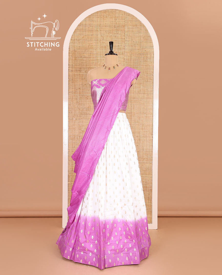 White-lavender half-saree, zari buttas with contrast bordered nylon viscose crepe skirt, a jaal jacquard design Vichitra silk blouse, and a contrast striped Vichitra silk dhavani