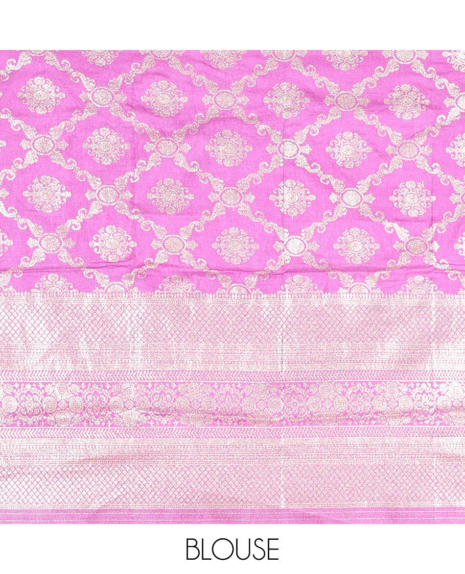 White-lavender half-saree, zari buttas with contrast bordered nylon viscose crepe skirt, a jaal jacquard design Vichitra silk blouse, and a contrast striped Vichitra silk dhavani