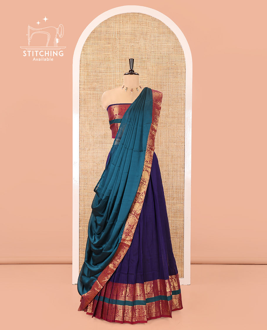 Deep Violet-Rama Mercerised Cotton Half-Saree Features Plain with Contrast Peacock and Floral Creeper Zari Bordered Skirt, Paired with a Matching Blouse, and Comes with a Contrast Floral Creeper Zari Bordered Dhavani